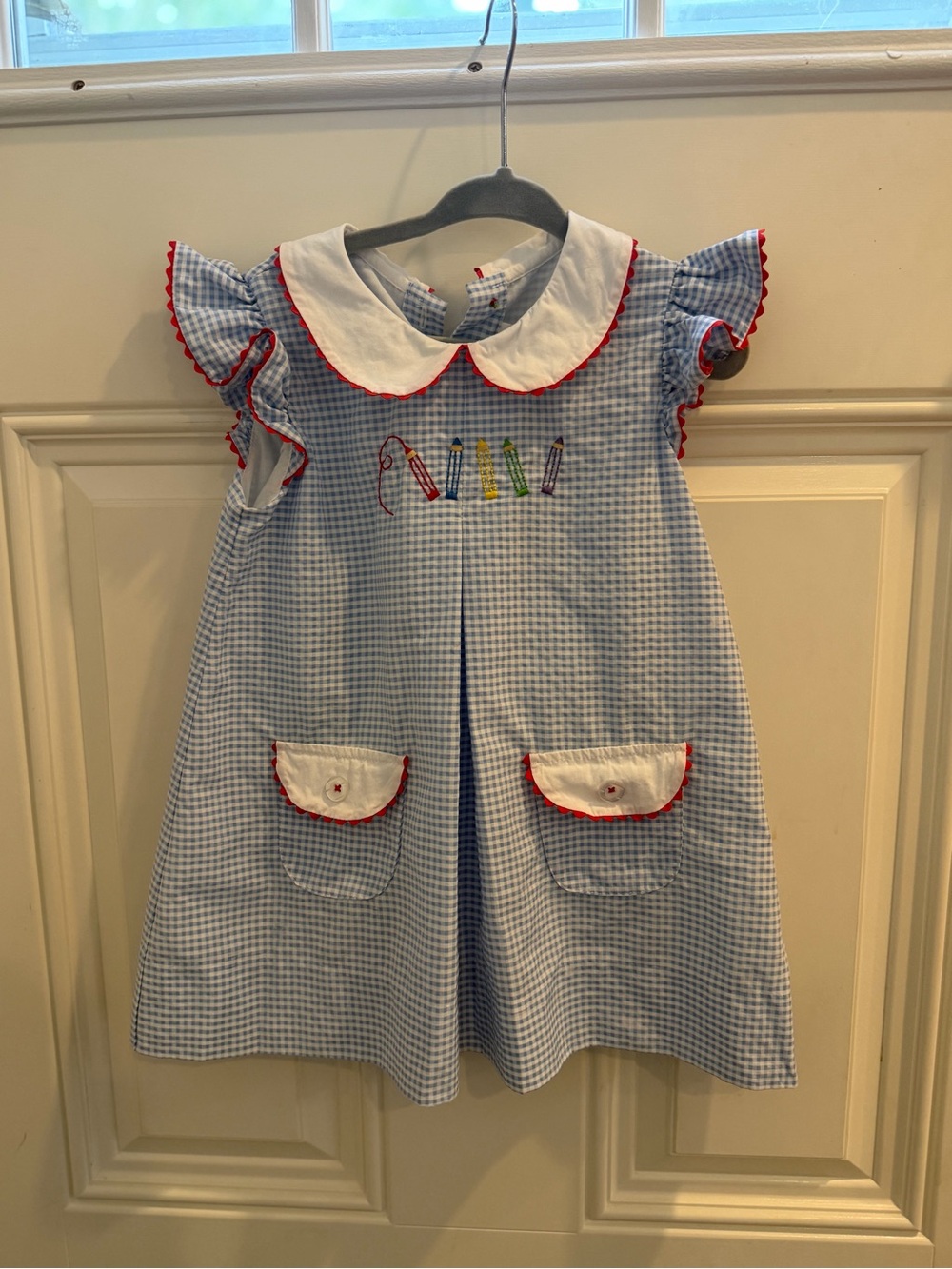 Proper Peony Blue Gingham Smocked Pencil Applique Dress with Red Trim